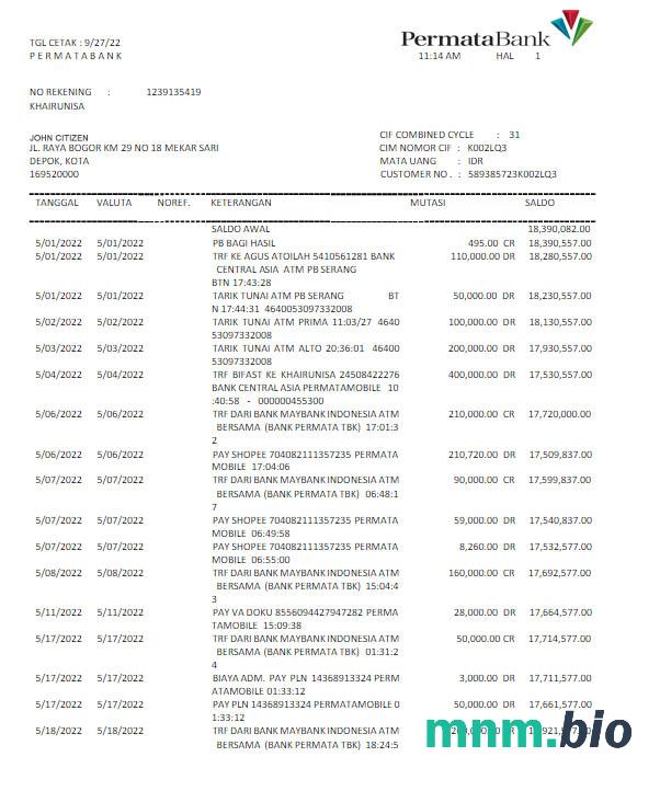 Indonezja PermataBank oświadczenie słowo i PDF przykład